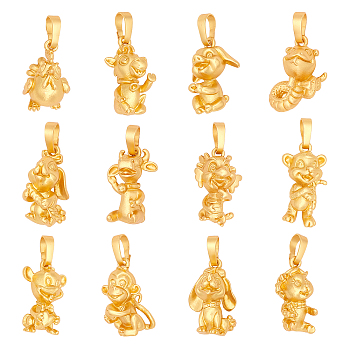 Eco-Friendly Alloy Pendants, Cadmium Free & Lead Free, Long-Lasting Plated, 12 Chinese Zodiac Signs, Golden, 18~21x10~18x9.5~14mm, Hole: 4.5x5.5mm, 12pcs/box