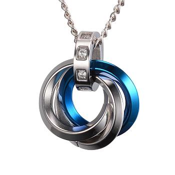 304 Stainless Steel Interlocking Ring Pendants, with Cubic Zirconia, Blue & Stainless Steel Color, 25x22x12.5mm, Hole: 7mm