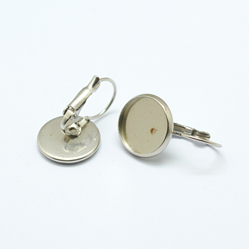 304 Stainless Steel Leverback Earring Settings, Flat Round, Stainless Steel Color, Tray: 12mm, 23~26x14x2mm, Pin: 1mm