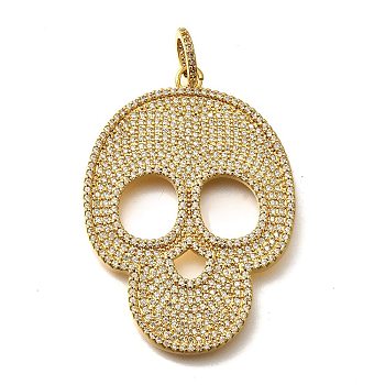 Brass Micro Pave Cubic Zirconia Pendants, Skull, with Jump Ring, Real 18K Gold Plated, 50x35.5x3.5mm, Hole: 6.5mm