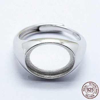 Rhodium Plated 925 Sterling Silver Finger Ring Components, Adjustable, Oval, Platinum, Size 7 (17.5mm), 2.5mm wide, Tray: 11x14mm