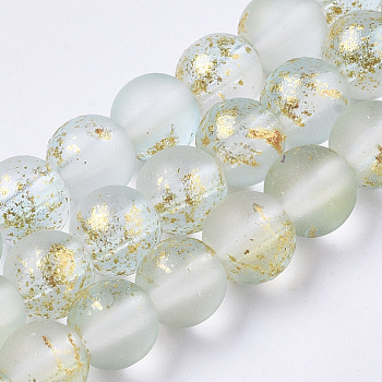 Frosted Spray Painted Glass Beads Strands, with Golden Foil, Round, Azure, 6~7mm, Hole: 1.2~1.5mm, about 65~67pcs/Strand, 14.76 inch~15.12 inch(37.5~38.4cm)