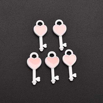 Spray Painted Alloy Enamel Pendants, Heart Key, Pink, 16x7x2.2mm, Hole: 1.8mm