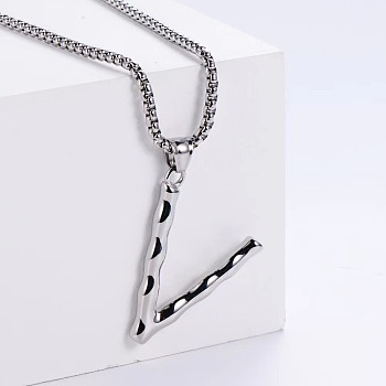 3Pcs Stainless Steel Textured Letter Pendant Box Chain Necklaces, Stainless Steel Color, Letter V