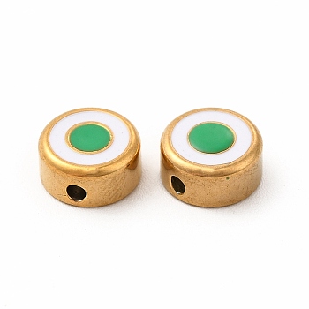 Eco-Friendly 304 Stainless Steel Beads, with Enamel, Flat Round with Evil Eye, Golden, Medium Sea Green, 8x4mm, Hole: 1.5mm