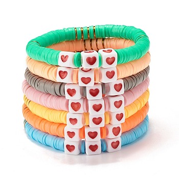 7Pcs 7 Style Polymer Clay Heishi Beaded Stretch Bracelets Set with Heart, Preppy Bracelets for Women, Mixed Color, Inner Diameter: 2-1/8 inch(5.5cm)