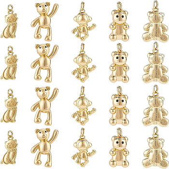 BENECREAT 20Pcs 5 Style Brass Pendants, Long-Lasting Plated, with Jump Ring, Bear & Cat & Astronaut, Real 18K Gold Plated, 14.5~20x6~14x1.5~7mm, Hole: 3mm, 4pcs/style