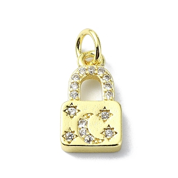 Brass Micro Pave Claer Cubic Zirconia Charms, with Jump Ring, Real 18K Gold Plated, Lock, 14x7.5x2.5mm, Hole: 3mm