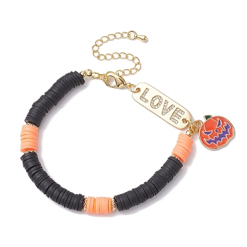 Handmade Polymer Clay Beaded Bracelets, Halloween Pumpkin Alloy Enamel Charm Bracelets for Women Men, Golden, 7-3/8 inch(18.7cm)