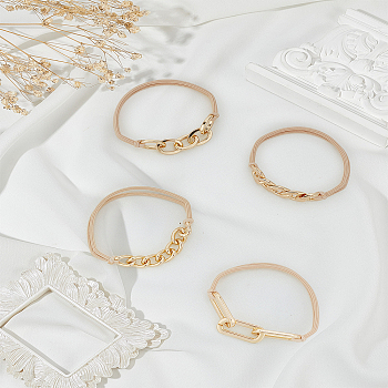 4Pcs Elastic Fiber Hair Ties for Women, with Alloy Chain Links, Mixed Shapes, Golden, Blanched Almond, 9~13.5mm, Inner Diameter: 42~50mm
