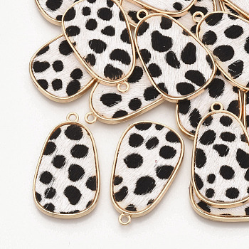 Eco-Friendly Cowhide Leather Pendants, with Golden Plated Alloy Cabochon Settings, teardrop, with Spot Pattern, White, 35x21x2~3mm, Hole: 1.8mm