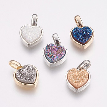 Natural Druzy Agate Pendants, with Brass Findings, Heart, Mixed Color, 17mm, Hole: 2x2.5mm, Pendant: 12.5x11x4mm