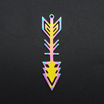 Ion Plating(IP) 201 Stainless Steel Pendants, Laser Cut, Arrows, Rainbow Color, 44x11x1mm, Hole: 1.5mm