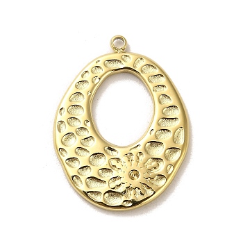 304 Stainless Steel Pendants, Textured Oval with Flower Charms, Real 14K Gold Plated, 25.5x19x1.5mm, Hole: 1.5mm