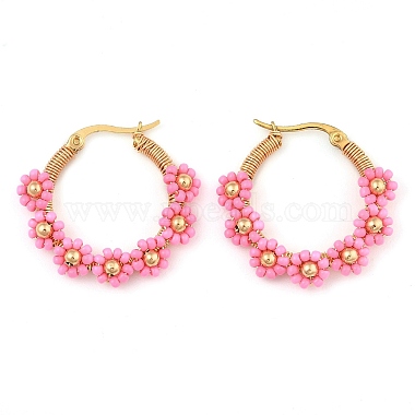 304 Stainless Steel & Bohemian Beaded Flower Hoop Earrings for Women(EJEW-R001-02G-03)-2