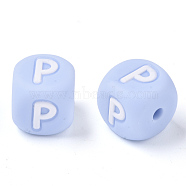 Food Grade Eco-Friendly Silicone Beads, Horizontal Hole, Chewing Beads For Teethers, DIY Nursing Necklaces Making, Letter Style, Cube, Light Sky Blue, Letter.P, 10x10x10mm, Hole: 2mm(X-SIL-R011-10mm-02P)