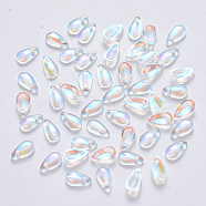 Transparent Spray Painted Glass Charms, AB Color Plated, Teardrop, Clear AB, 9.5x5x3mm, Hole: 1.2mm(GLAA-R211-07-B01)