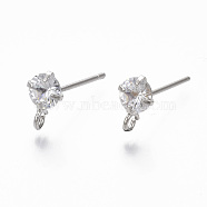 Brass Micro Clear Cubic Zirconia Stud Earring Findings, with Loop, Nickel Free, Real Platinum Plated, 8.5x5.5mm, Hole: 1.5mm, Pin: 0.7mm(KK-R132-066P-NF)