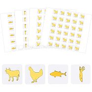 80 Sheets 4 Style Cartoon Carrot & Rooster & Fish & Cow Meal Stickers, Adhesive Square Paper Labels, Gold, 7.8x9cm, 30pcs/sheet, 20sheets/style(DIY-OC0008-68A)