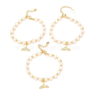 Brass Micro Pave Cubic Zirconia Whale Tail Shape Charms Bracelets, Real 18K Gold Plated, with Natural Pearl, Long-Lasting Plated, White, 6-1/2 inch(16.5cm)(BJEW-D447-13G-01)