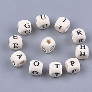 Natural Maple Wood Beads, Horizontal Hole, Undyed, Cube with Letter, Floral White, 7~8x7~8x7~8mm, Hole: 3mm, about 2500pcs/500g(WOOD-S053-09)