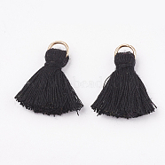 Polycotton(Polyester Cotton) Tassel Pendant Decorations, with Iron Findings, Light Gold, Black, 20~30x7~8mm, Hole: 5mm(FIND-S280-01)