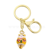 Fortune Cat Porcelain Pendant Keychain, with Iron Keychain Ring and Alloy Lobster Claw Clasps, Gold, 8.7cm(KEYC-G064-02B)