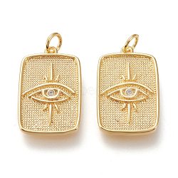 Brass Micro Pave Clear Cubic Zirconia Pendants, with Jump Rings, Long-Lasting Plated, Rectangle with Eye, Golden, 23x14.5x1.8mm, Hole: 3.5mm(ZIRC-I044-49G)