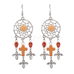 Woven Web/Net with Cross & Skull Synthetic Turquoise Dangle Earrings, Halloween Alloy & Brass Earrings for Women, Sandy Brown, 88x29mm(EJEW-JE05865-03)