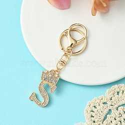 Golden Alloy Rhinestone Keychain, with Alloy Clasp and Iron Rings, Letter S, 10cm, Pendant: 42mm(KEYC-YW00105-19)