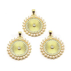 Rack Plating Real 18K Gold Plated Brass Pendants, with Cubic Zirconia and Plastic Imitation Pearl, Long-Lasting Plated, Lead Free & Cadmium Free, Flat Round, Seashell Color, 27x25.5x3.5mm, Hole: 5x3.5mm(KK-B077-13G)