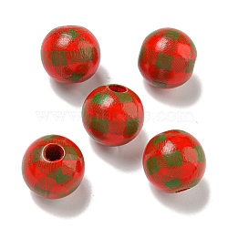 Printed Wood European Beads, Round with Tartan Pattern, Red, 15.5~16mm, Hole: 4~4.5mm(WOOD-G022-13A)