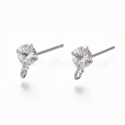 Brass Micro Clear Cubic Zirconia Stud Earring Findings, with Loop, Nickel Free, Real Platinum Plated, 8.5x5.5mm, Hole: 1.5mm, Pin: 0.7mm(KK-R132-066P-NF)