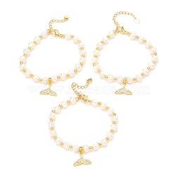 Brass Micro Pave Cubic Zirconia Whale Tail Shape Charms Bracelets, Real 18K Gold Plated, with Natural Pearl, Long-Lasting Plated, White, 6-1/2 inch(16.5cm)(BJEW-D447-13G-01)
