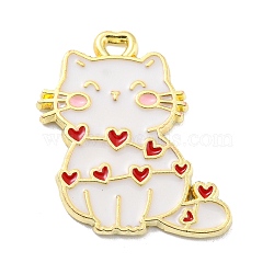 Valentine's Day Zinc Alloy Enamel Pendant, Golden, Cat Charm, White, 20.5x19x1.5mm, Hole: 1.5x2mm(PALLOY-Q460-01A)