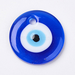 Handmade Lampwork Evil Eye Pendants, Flat Round, Blue, 30x5mm, Hole: 3mm(X-LAMP-E106-02A)