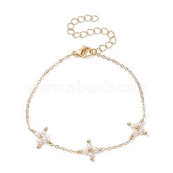 Shell Pearl Beaded Cross Link Bracelet, Brass Jewelry for Women, Golden, 7 inch(17.9cm)(BJEW-JB09313)
