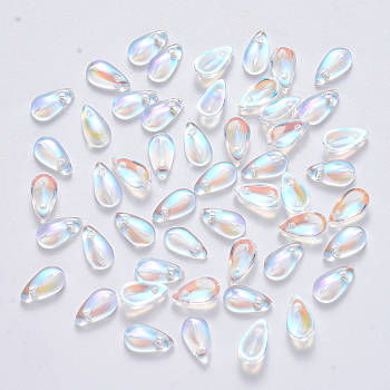 Transparent Spray Painted Glass Charms, AB Color Plated, Teardrop, Clear AB, 9.5x5x3mm, Hole: 1.2mm