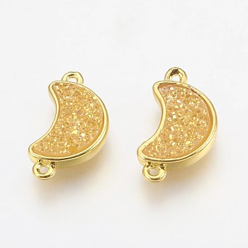 Electroplate Druzy Resin Links connectors, with Golden Tone Brass Findings, Moon, Gold, 18.5x10x4mm, Hole: 1mm