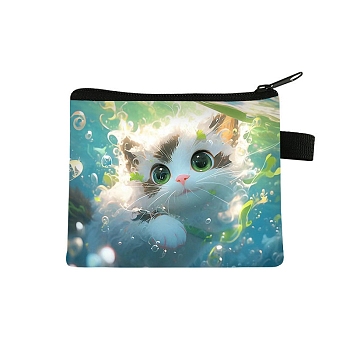 Polyester Wallets, Rectangle with Cat Pattern Makeup Bags, Light Green, 11x13.5cm