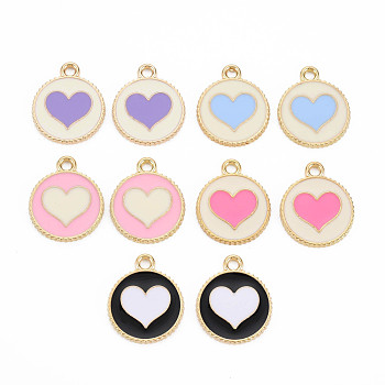 Light Gold Alloy Enamel Pendants, Cadmium Free & Nickel Free & Lead Free, Flat Round with Heart, Mixed Color, 19x15.5x1.5mm, Hole: 1.8mm