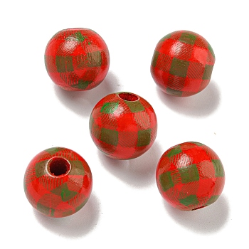 Printed Wood European Beads, Round with Tartan Pattern, Red, 15.5~16mm, Hole: 4~4.5mm