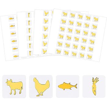 80 Sheets 4 Style Cartoon Carrot & Rooster & Fish & Cow Meal Stickers, Adhesive Square Paper Labels, Gold, 7.8x9cm, 30pcs/sheet, 20sheets/style