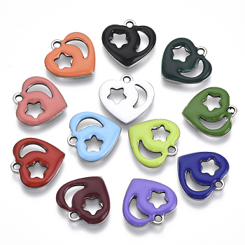 201 Stainless Steel Enamel Charms, Heart, Stainless Steel Color with Star, Stainless Steel Color & Moon, Stainless Steel Color, Mixed Color, 13x13x1.5mm, Hole: 1.5mm