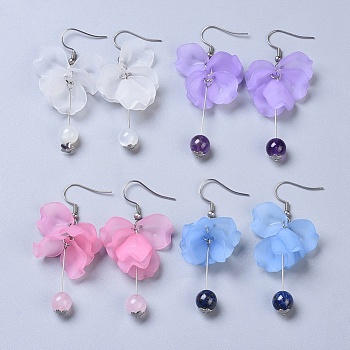 Dangle Earrings, with 304 Stainless Steel Findings, Acrylic Pendants and Natural Gemstone, Flower, Mixed Color, 59~63mm, Pendant: 40~44x20x14mm, Pin: 0.7mm