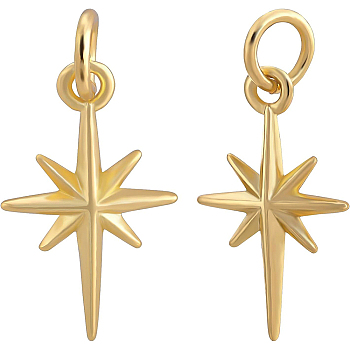 10Pcs Brass Pendants, with Jump Rings, Star, Real 18K Gold Plated, 17x9.7x2.5mm, Hole: 3.4mm