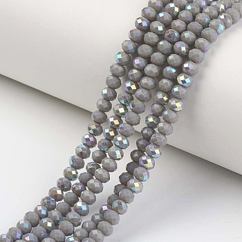Electroplate Opaque Solid Color Glass Beads Strands, Half Rainbow Plated, Faceted, Rondelle, Gray, 6x5mm, Hole: 1mm, about 85~88pcs/strand, 16.1~16.5 inch(41~42cm)