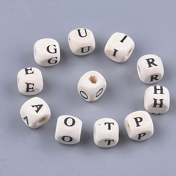 Natural Maple Wood Beads, Horizontal Hole, Undyed, Cube with Letter, Floral White, 7~8x7~8x7~8mm, Hole: 3mm, about 2500pcs/500g