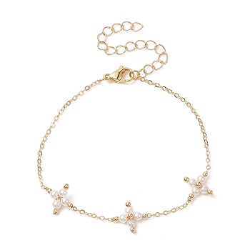 Shell Pearl Beaded Cross Link Bracelet, Brass Jewelry for Women, Golden, 7 inch(17.9cm)