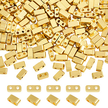 240Pcs Electroplated Glass Seed Beads, 2-Hole, Rectangle, Golden Plated, 4.5~5.5x2x2~2.5mm, Hole: 0.5~0.8mm